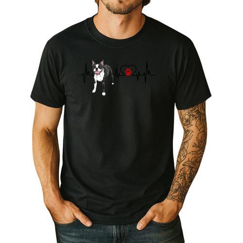 Boston Terrier EKG Heartbeat Heart Line Dog Lovers Men's Casual T-Shirt - Bostonterriersmerch.com AU