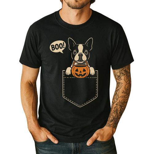 Boston Terrier Halloween Cute Bostie Dog Pocket Boo Men's Casual T-Shirt - Bostonterriersmerch.com