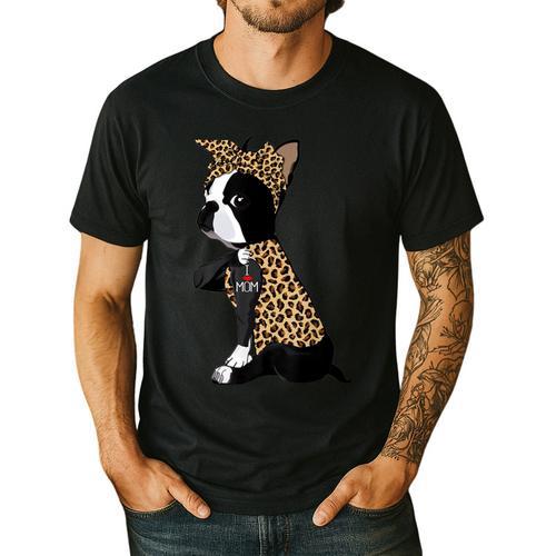 Boston Terrier Lover I Love Mom Tattoo Leopard Men's Casual T-Shirt - Bostonterriersmerch.com