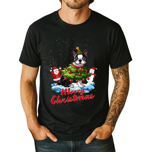 Boston Terrier Merry Christmas Tree Lights Dog X-Mas Dogs Men's Casual T-Shirt - Bostonterriersmerch.com