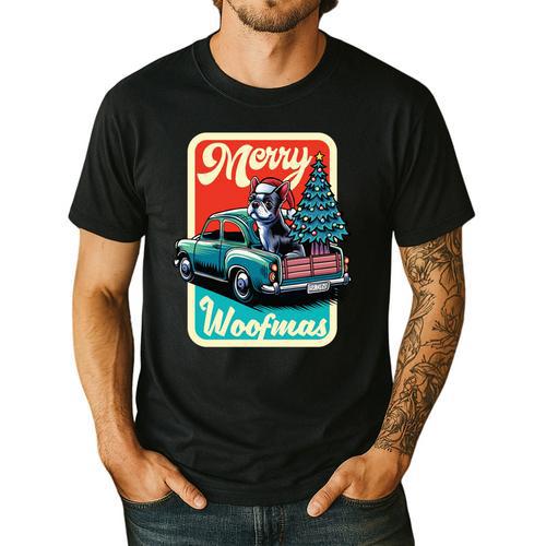 Boston Terrier Merry Christmas Tree Truck Santa Dog X-Mas Men's Casual T-Shirt - Bostonterriersmerch.com