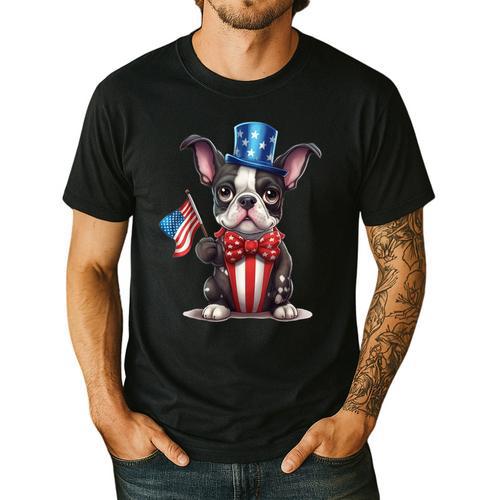 Boston Terrier Puppy Dog Holds His American Flag 4th Of July Men's Casual T-Shirt - Bostonterriersmerch.com