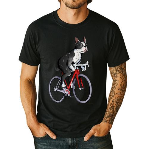 Boston Terrier Riding Bicycle Cute Bostie Biker Raglan Baseball Tee Men's Casual T-Shirt - Bostonterriersmerch.com
