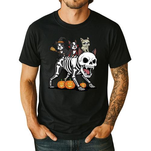 Boston Terrier Skeleton Mummy Witch Halloween Men's Casual T-Shirt - Bostonterriersmerch.com