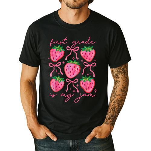 First Grade Is My Jam Strawberry First Grade Teacher Women Men's Casual T-Shirt - teacherstshirts.com UK