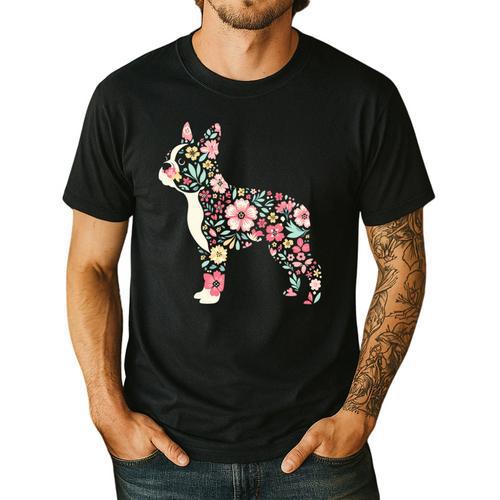 Floral FLower Boston Terrier Mom Grandma Men's Casual T-Shirt - Bostonterriersmerch.com