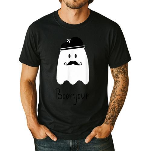 French Teacher Halloween Bonjour Ghost Men's Casual T-Shirt - teacherstshirts.com