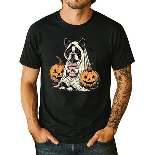 Halloween Boston Terrier Ghost Men's Casual T-Shirt - Bostonterriersmerch.com