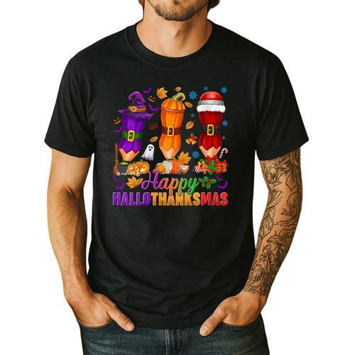 Happy Hallothanksmas Halloween Thanksgiving Pencils Teachers Men's Casual T-Shirt - teacherstshirts.com