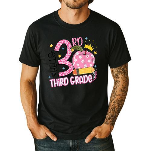 Hello 3rd Third Grade Back To School Pink Leopard Teacher Men's Casual T-Shirt - teacherstshirts.com