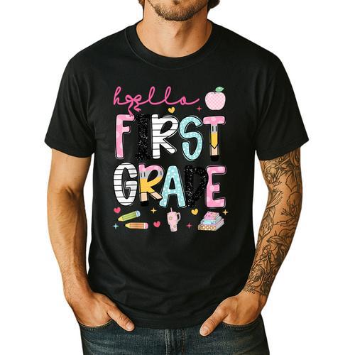 Hello First Grade Teacher Coquette Pencil Bow Back To School Men's Casual T-Shirt - teacherstshirts.com CA