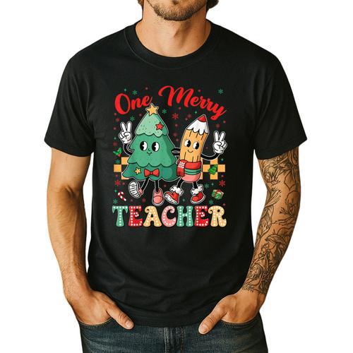 One Merry Teacher Groovy Christmas Tree Pjs Xmas Teacher Men's Casual T-Shirt - teacherstshirts.com CA
