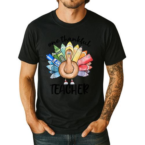 One Thankful Teacher Turkey Pencil Thanksgiving Teachers Men's Casual T-Shirt - teacherstshirts.com UK