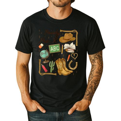 Retro Howdy Pre-K Back To School Western Teacher Men's Casual T-Shirt - teacherstshirts.com AU