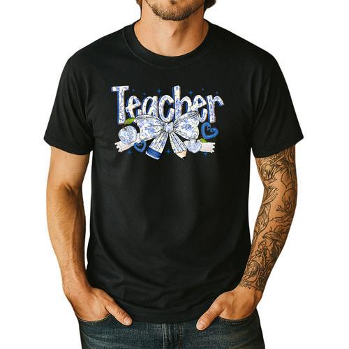 Teacher Blue Chinoiserie Coquette Bow Heart Teacher Life Men's Casual T-Shirt - teacherstshirts.com UK