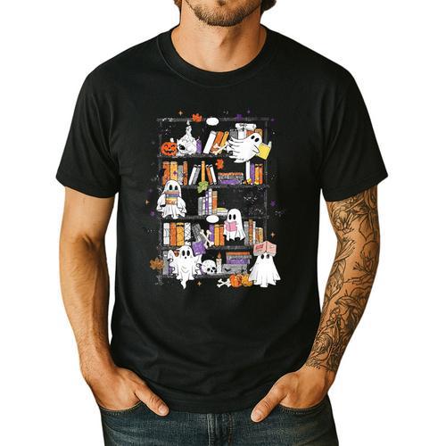 Teacher Library Ghost Reading Book Halloween Cat Men's Casual T-Shirt - teacherstshirts.com AU
