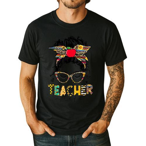 Teacher Life Messy Bun Glasses Leopard Sunflower Men's Casual T-Shirt - teacherstshirts.com AU