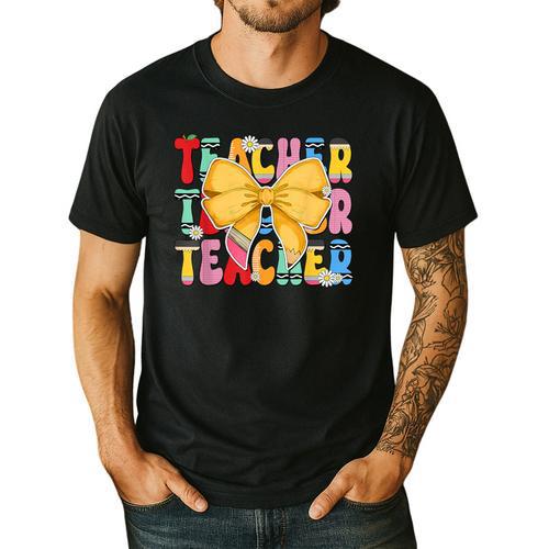 Teacher Pencil Coquette Bow Back To School Teacher Men's Casual T-Shirt - teacherstshirts.com DE