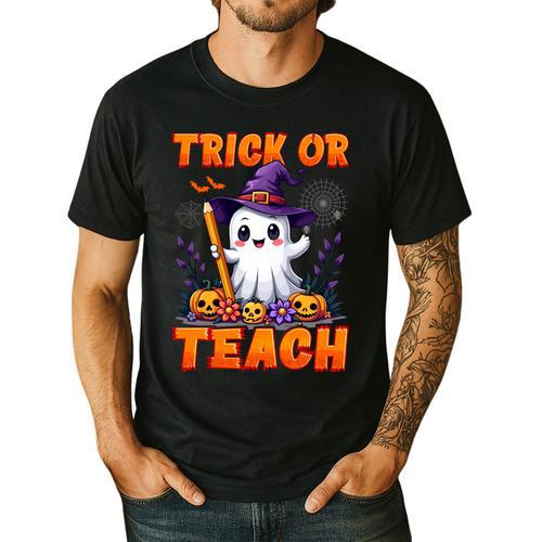Trick Or Teach Teacher Halloween Ghost Pencil Floral Men's Casual T-Shirt - teacherstshirts.com