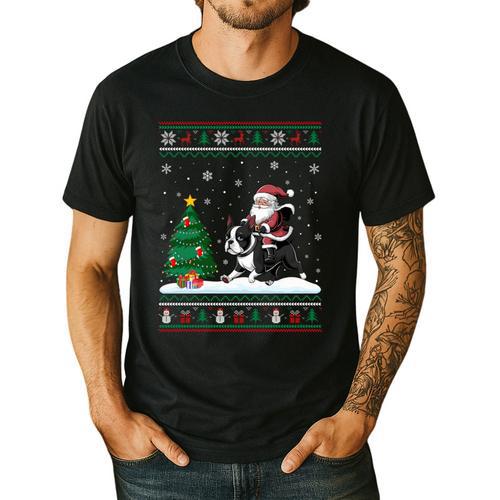 Ugly Christmas Tree Lights Xmas Santa Riding Boston Terrier Men's Casual T-Shirt - Bostonterriersmerch.com