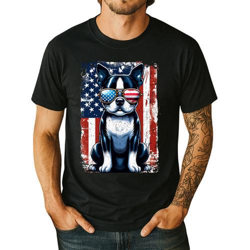 Vintage Boston Terrier Dog American US USA Flag Pets Dogs Men's Casual T-Shirt - Bostonterriersmerch.com
