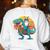 Boston Terrier Dog Riding Dinosaur T Rex Boys Women's Sweatshirt Back Print White