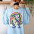 Boston Terrier Unicorn Riding Dinosaur T-Rex Girls Rainbow Women's Sweatshirt Back Print Light Blue