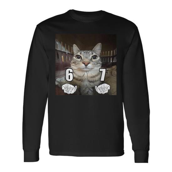 67 Meme Cat Six Seven Meme 6 7 Long Sleeve T-Shirt | Seseable UK
