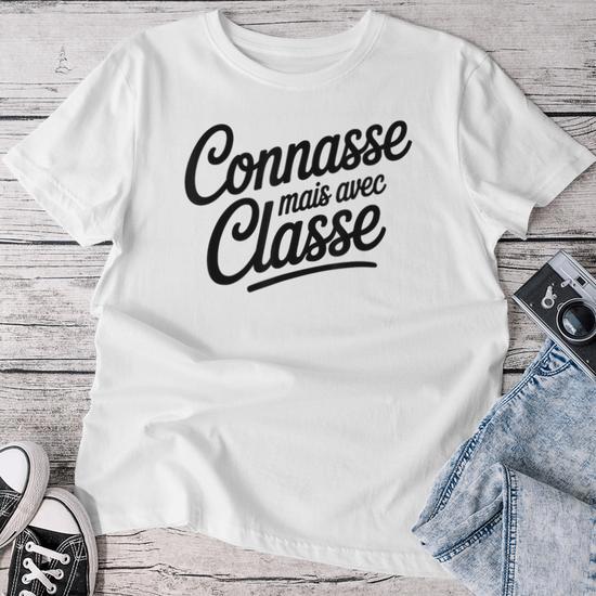 T-shirt Femme Humour "Connasse Mais Avec Classe" - Col V, Ton Décalé Et Assumé, Cadeau Insolent