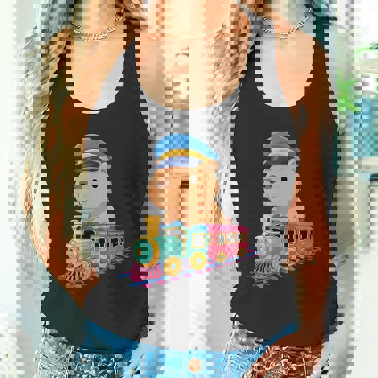 Capybara Riding Train Cute Kawaii Cartoon Rail Adventure タンクトップ