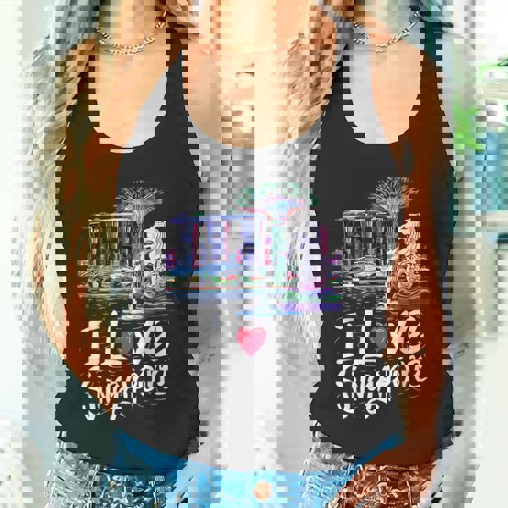 「I Loveingapore Citykyline」とマーライオンのデザイン。 タンクトップ