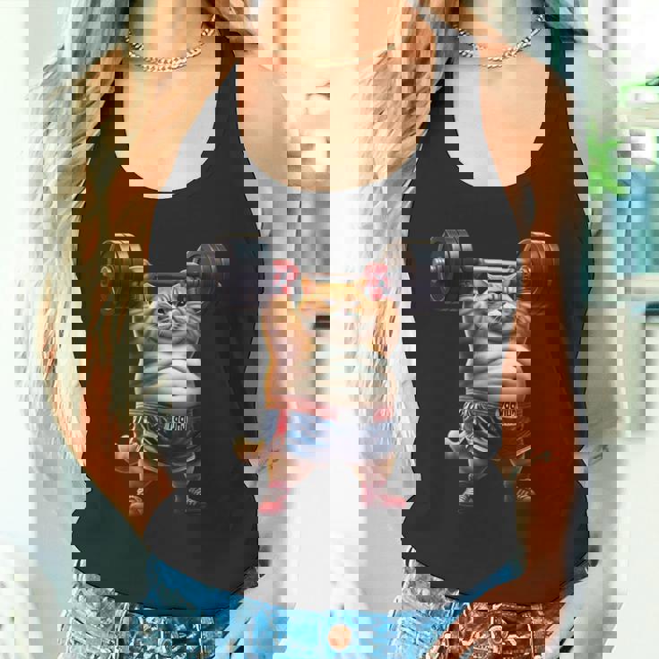 ギャグ ぽっちゃり猫 筋トレ ウエイトリフティング ジム 面白い グラフィック猫ミーム タンクトップ