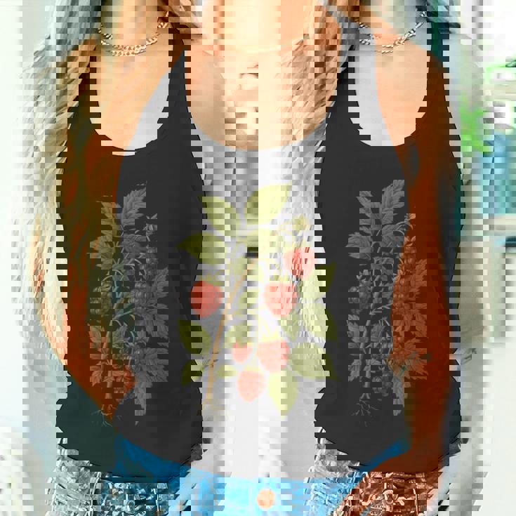 ビンテージボタニカルラズベリー自然アートプリント。 タンクトップ