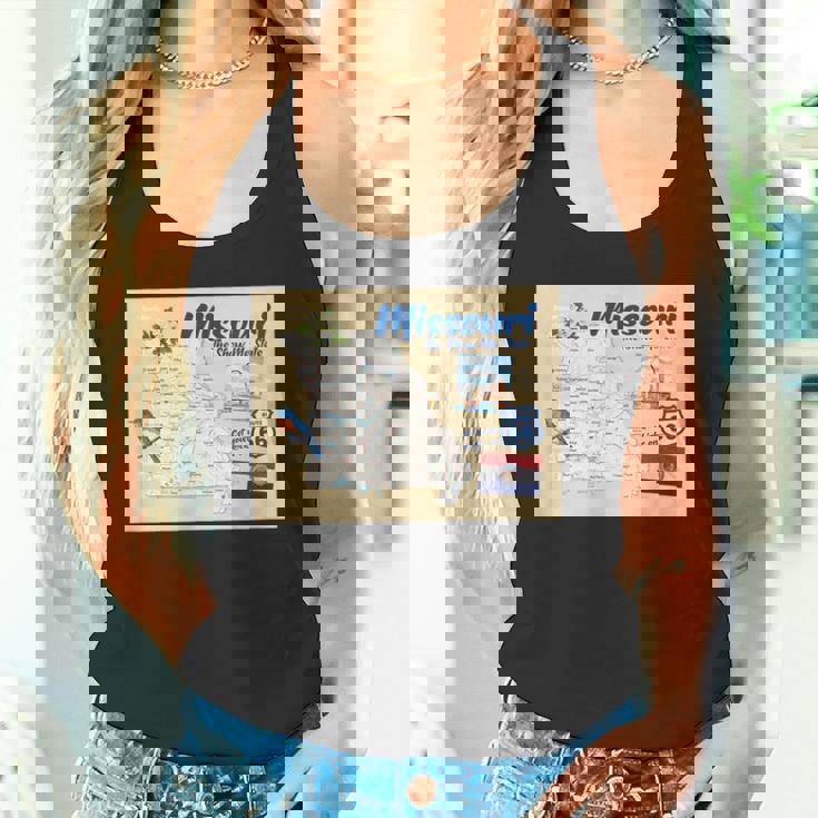 ミズーリ州、マップフラッグアーチブルーバードフラワーランドマーク タンクトップ