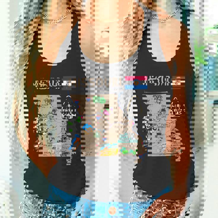 ミズーリ州のランドマーク、主要都市、道路、旗の地図 タンクトップ