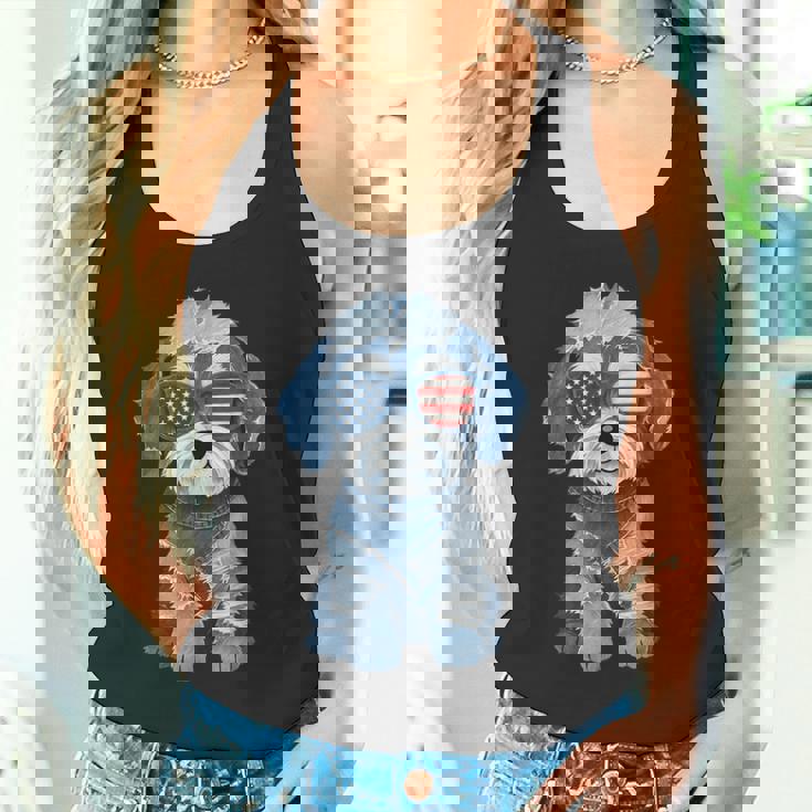 犬 柄 デニム パッチワーク アート タンクトップ