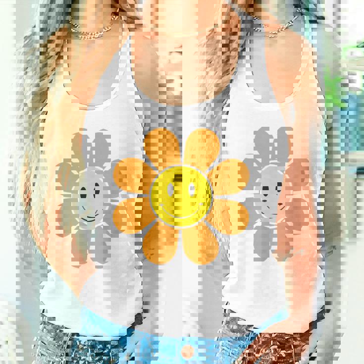 オレンジ70年代レトロファンキーフラワー、イエロースマイルフェイス タンクトップ