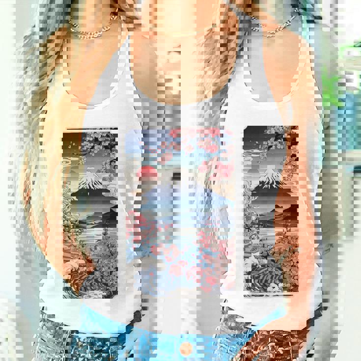 日本の桜庭 芸者 富士山 桜 木 タンクトップ