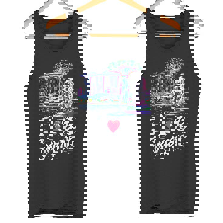 「I Loveingapore Citykyline」とマーライオンのデザイン。 タンクトップ