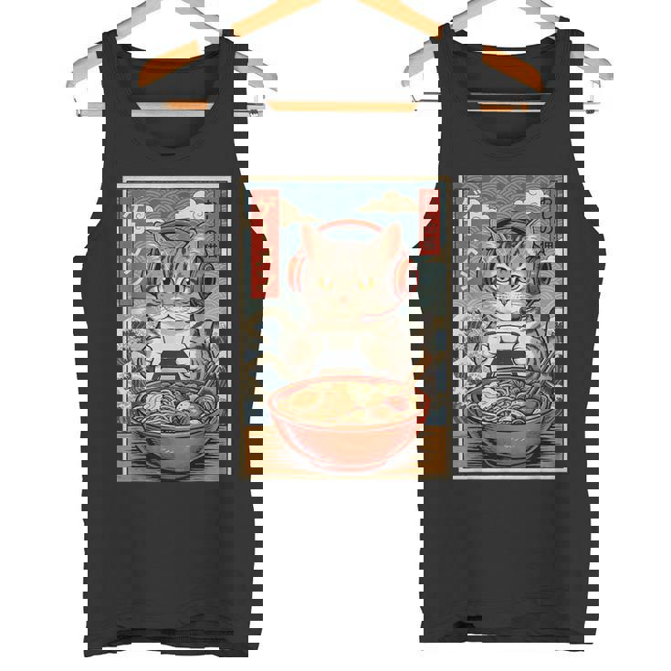 かわいい カワイイ ゲーマー猫 ラーメン ゲーム好き 猫好き向け 面白い デザイン レトロ 和風 日本 アニメ タンクトップ