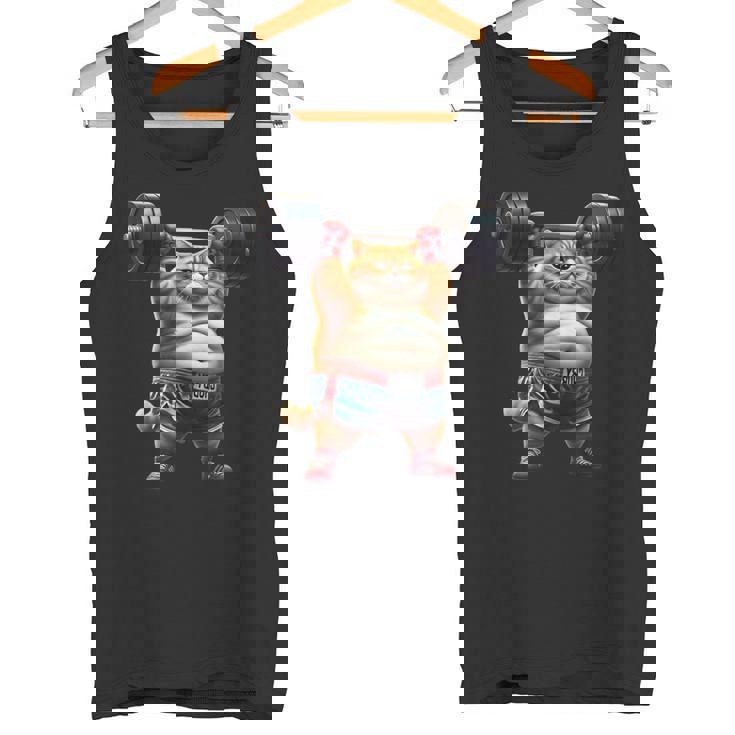 ギャグ ぽっちゃり猫 筋トレ ウエイトリフティング ジム 面白い グラフィック猫ミーム タンクトップ