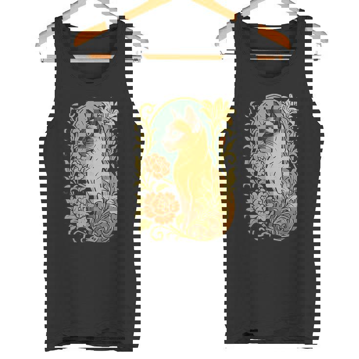 エレガントなガーデンフローラルに囲まれたヴィンテージシャム猫 タンクトップ