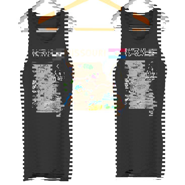 ミズーリ州のランドマーク、主要都市、道路、旗の地図 タンクトップ