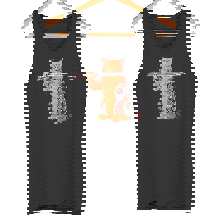 ヤクザ 猫 サムライ タトゥー 日本語 オレンジ 猫 グラフィック タンクトップ