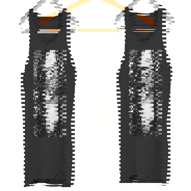 不気味な漫画 少女 怖い目 ホラー ハロウィン 恐ろしい タンクトップ