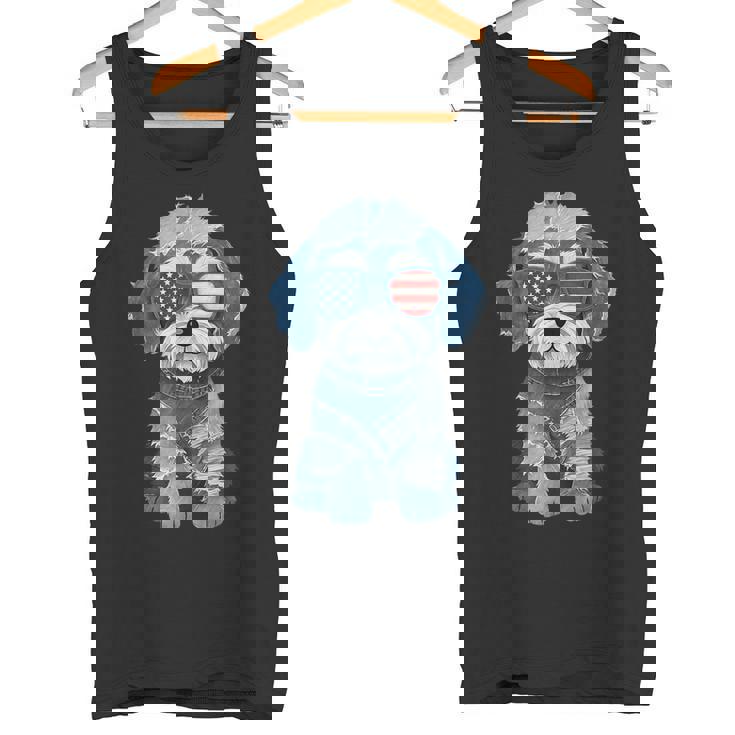 犬 柄 デニム パッチワーク アート タンクトップ