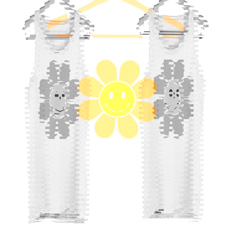 オレンジ70年代レトロファンキーフラワー、イエロースマイルフェイス タンクトップ