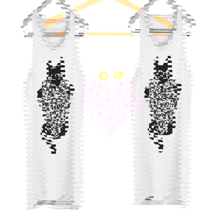 ピンクのヒョウ柄ハートを持つ黒猫 タンクトップ