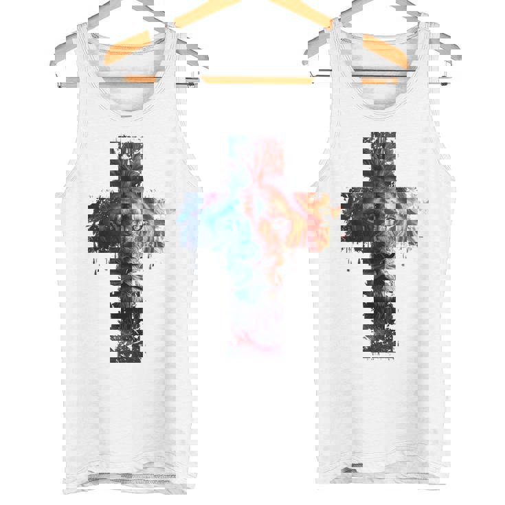 ユダのライオン、イエス・キリストの十字架、キリスト教信仰のグラフィック。 タンクトップ