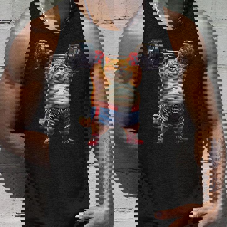 ギャグ ぽっちゃり猫 筋トレ ウエイトリフティング ジム 面白い グラフィック猫ミーム タンクトップ 彼への贈り物